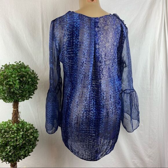 Ellie Tahari Blue Sheer Silk Blend Print Ruffle Bell Sleeveless Blouse Top S - Picture 5 of 8